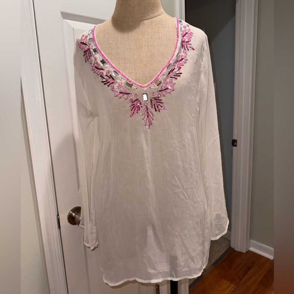 White and pink Tunic sheer Embroidery beaded beach Y2K cover up blouse small